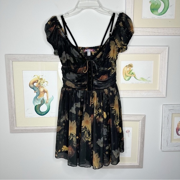 Urban Outfitters Tula Black Floral Layered Mesh Playsuit Romper Women’s Medium - Picture 4 of 14